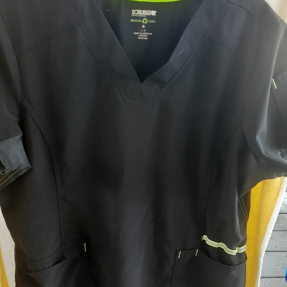 Black with neon green trim scrub top
